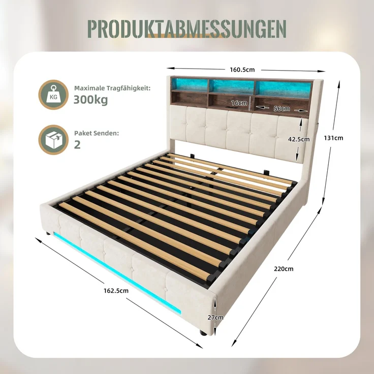 TavilaEcon Polsterbett mit Bettkasten und USB-C-Anschluss beige Liegefläche 160 × 200 cm – Bild 2