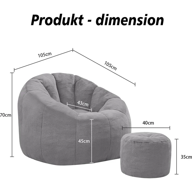 Sitzsack 105 x 105 x 70 cm mit Fußhocker – Blütenform aus Kaninchenfell-Imitat in Grau – Bild 5