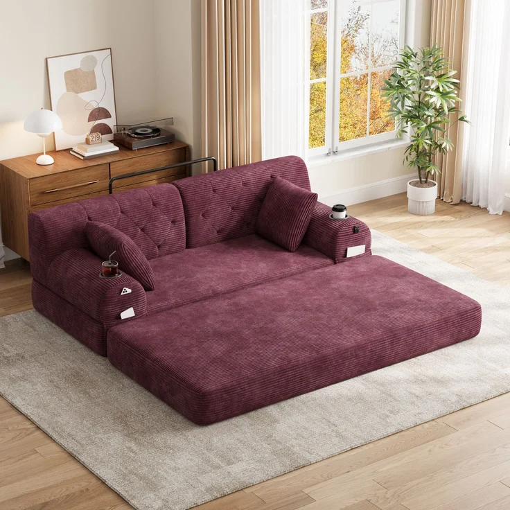 TavilaEcon 2-Sitzer Schlafsofa, komprimiertes Cord Sofa mit hoher Rückenlehne rot 81 × 80 × 168 cm (H × T × B) – Bild 7