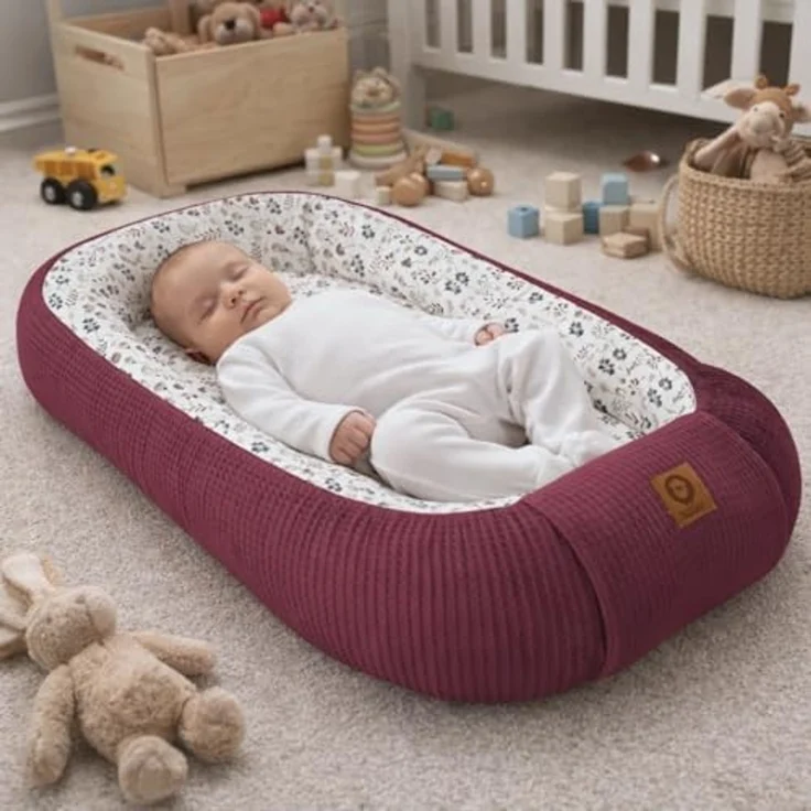 Babynestchen Neugeborene – Nestchen Baby aus Waffel Baumwolle & Baumwollstoff – Babynest für Babybett & Kinderbett – Baby Kokon Tragbar – OEKO-TEX – Zubehör für Babybett - Zweige und blueberry – Bild 2