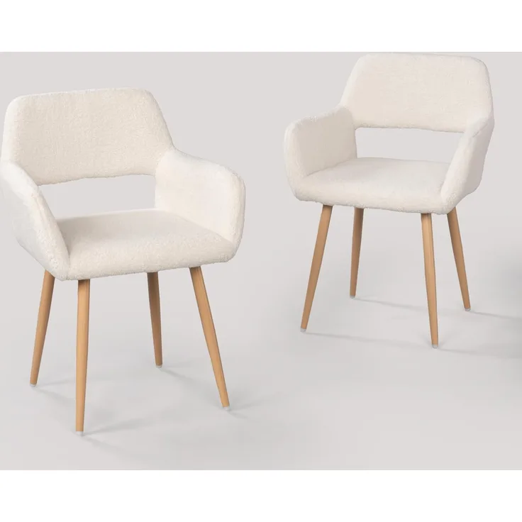 MEUBLE COSY Esszimmerstühle 2er Set Küchenstühle Sessel Wohnzimmerstuhl Polsterstuhl mit Armlehne Rückenlehne Sitzfläche aus Sherpa Metallbeine, Skandinavisch, Weiß