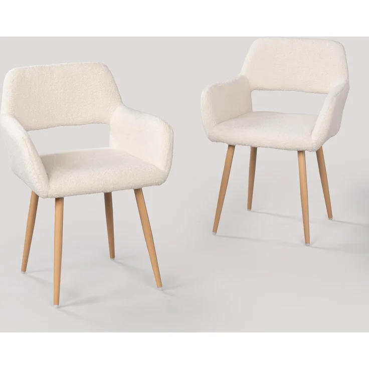 MEUBLE COSY Esszimmerstühle 2er Set Küchenstühle Sessel Wohnzimmerstuhl Polsterstuhl mit Armlehne Rückenlehne Sitzfläche aus Sherpa Metallbeine, Skandinavisch, Weiß