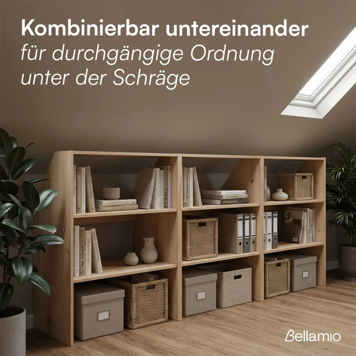 Bellamio 'Aland' Dachschrägenregal, Eichenoptik, 100x50x90 cm, Regal für Dachschräge mit 3 Fächern – Bild 6