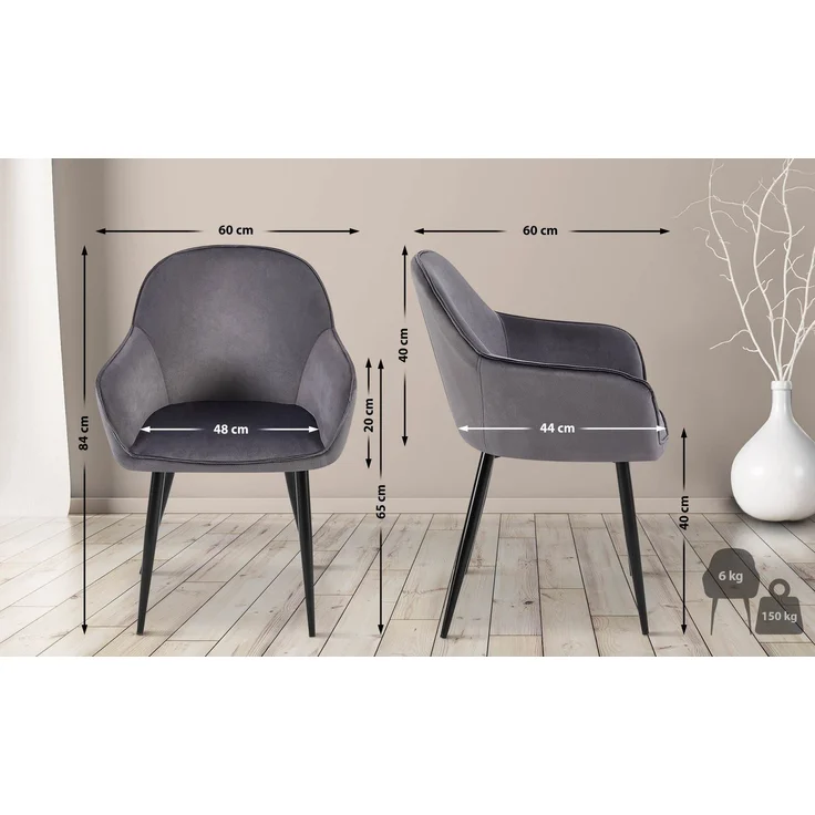 2er Set Esszimmerstuhl GENIM - Samt Dunkelgrau 60x60x84 cm | Essstühle Esszimmerstühle Küchenstühle Wohnzimmerstühle – Bild 2