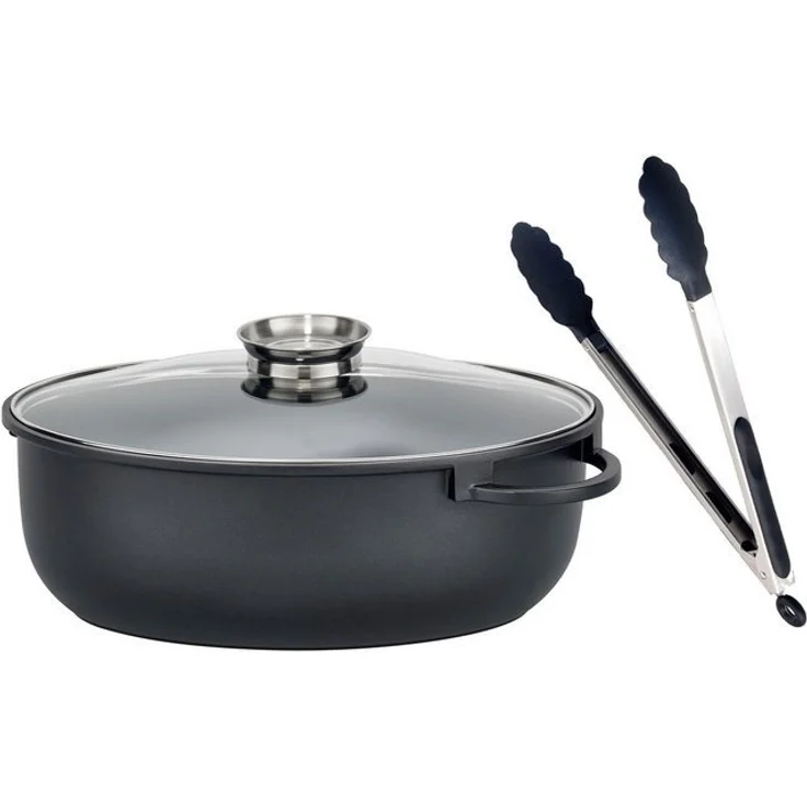 Elo Bräter Alucast Alugussbräter oval 38 cm inkl. Servierzange, Aluminiumguss (1-tlg, 1 Bräter mit Glasdeckel, 1 Servierzange), Induktion, Aromaknopf, Kochzange – Bild 4