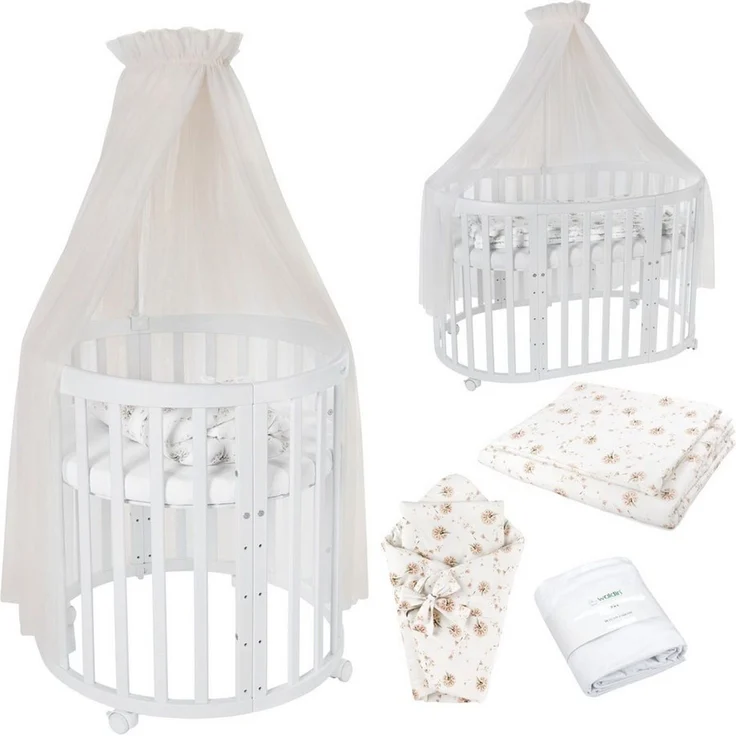 Waldin Babybett Oval 7in1 mitwachsend, Beistellbett, Matratze, Rollen, Buche, Weiß – Bild 1