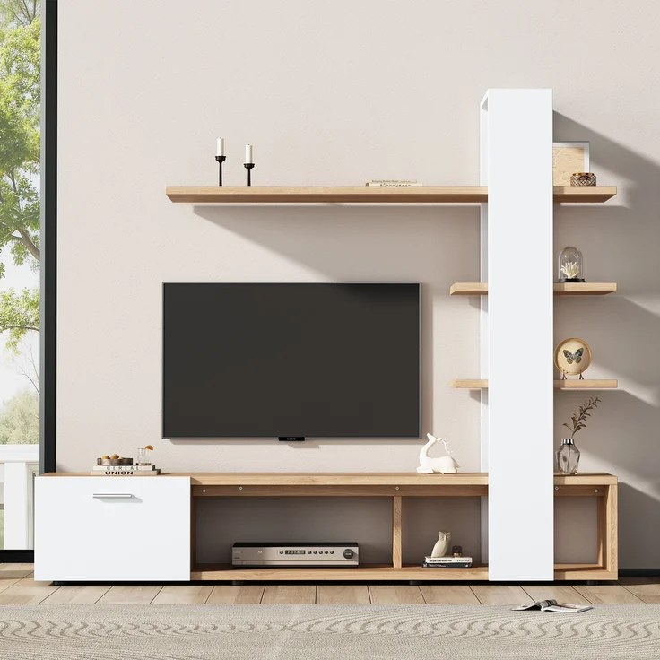 TV-Wandschrank Weiß Holzdekor für Fernseher bis 60 Zoll, Entertainment-Center mit offenen Regalen und Tür, schwebende Bücherregale – Bild 2