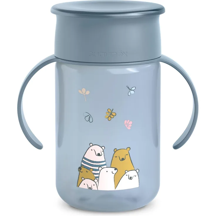 Suavinex, Baby Learning Cup, 360° Trinklernbecher und tropffreier Becher, Magic Cup mit Griffen und Deckel, spülmaschinen- und mikrowellenfest, 340 ml, Baby Training +12 Monate, Bears, Blau