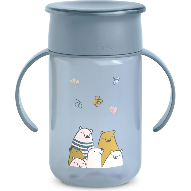 Suavinex, Baby Learning Cup, 360° Trinklernbecher und tropffreier Becher, Magic Cup mit Griffen und Deckel, spülmaschinen- und mikrowellenfest, 340 ml, Baby Training +12 Monate, Bears, Blau