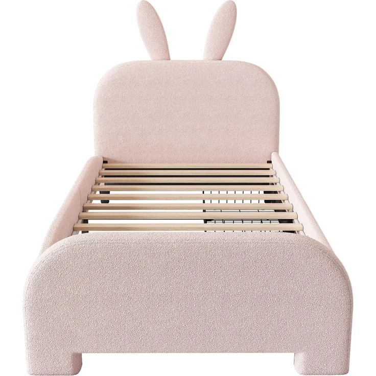 Kinderbett 90x200 Rosa mit Kaninchen-Kopfteil und 2 Schubladen,Gepolstertes Bett aus Lammwolle und MDF, Cartoon Bunny Design – Bild 10