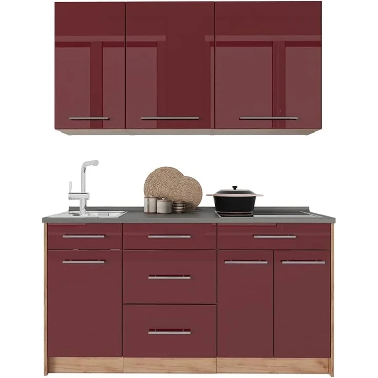 Singleküche Fame-Line Bordeaux Hochglanz/Goldkraft Eiche 150 cm, AP Eiche Vicco – Bild 8
