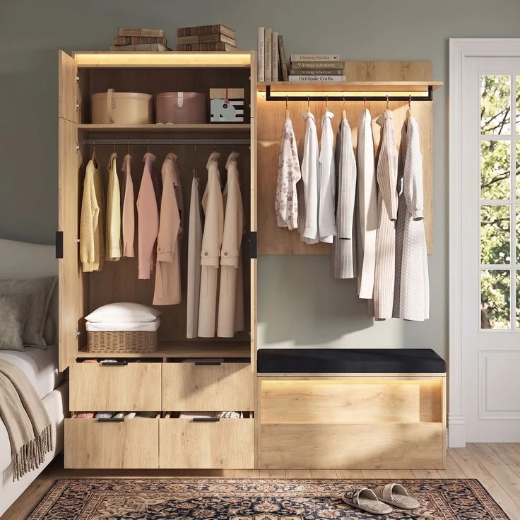 Kleiderschrank, Garderoben-Set Garderobe, mit LED-Beleuchtung und Spiegel, 180 x 47 x 200 cm, Eingangsgarderobe, mit 2 Kleiderstangen, 4 Schubladen and 3 LED-Beleuchtung, Anthrazit-eiche--Holz--180x47x200cm--YOUDENOVA – Bild 4