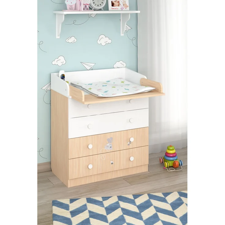 Shefa Kids Wickelkommode 800 Teddy, Weiß-Pastell Eiche, 4 Schubladen, 80 cm Breite – Bild 6