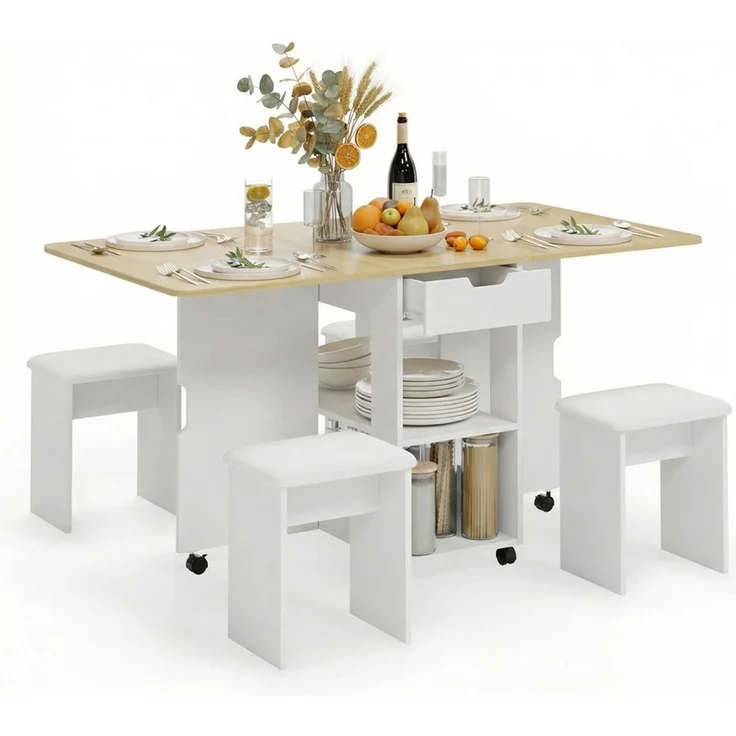 Mondeer Essgruppe Esstisch mit 4 Polsterhocker, Platzsparender Drop-Leaf-Tisch mit 2 Schubladen & Rollen – Bild 4