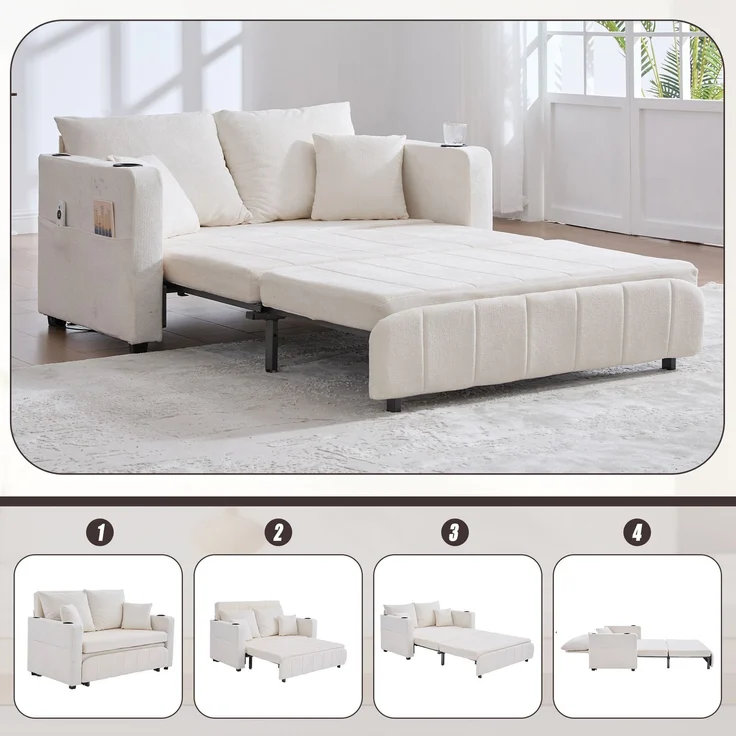 Wohnora-Multifunktionales Stoffsofa, ausziehbares Klappsofa, als Sofa oder Bett nutzbar, mit Aufbewahrungstaschen an den Armlehnen, mit USB-Ladefunktion und Getränkehaltern (beige Chenille),H 83cm x T 139cm x B 73cm – Bild 3