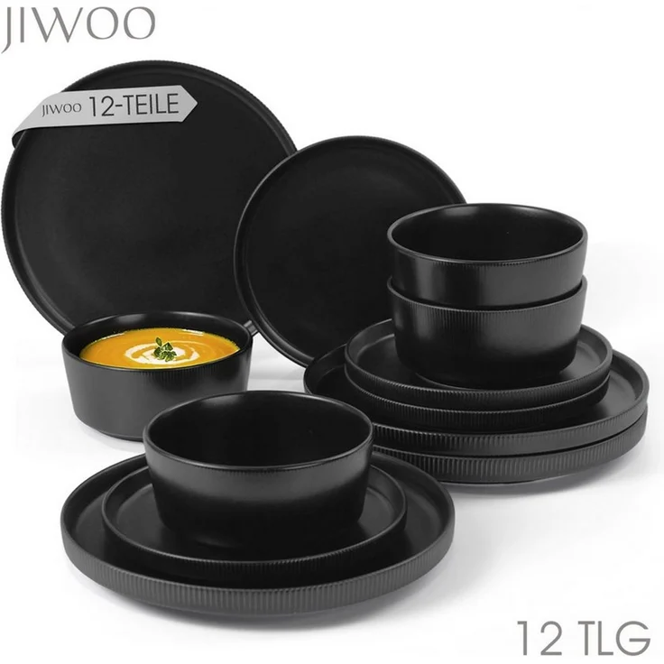 JIWOO Geschirr-Set 12tlg Kombiservice Teller-Set Tafelservice Schüssel-Set Speiseteller (12-tlg), 4 Personen, Keramik, Hochwertiges Geschirr set Schwarz Mikrowellen spülmaschinenfest – Bild 1