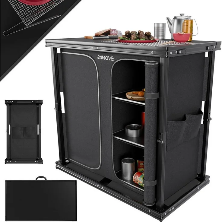24Move Campingschrank Campingküche AVERSA faltbar, Aluminium Reiseküche mit Staufächern (Aluminium Reiseküche mit Staufächern, Campingküche AVERSA faltbar) Stabil, kompakt, mit Stauraum, leicht transportierbar, pflegeleicht