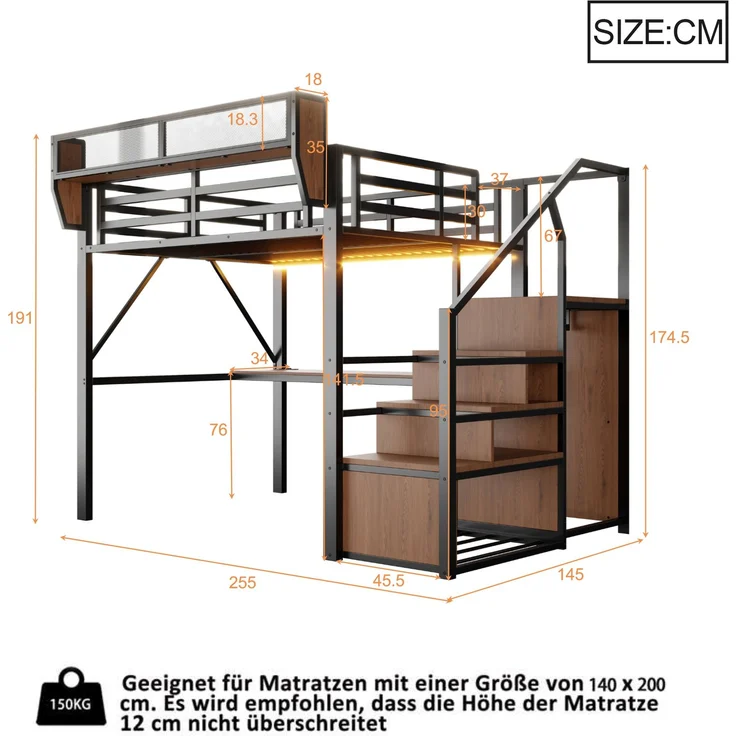 EINHOM Hochbett (140 x 200 Cm), Metallbett mit LED-Lichtleiste, Langem Schreibtisch, Sicherheitsleiter und Flexiblem Stauraum, Universelles Metallbett für Erwachsene und Kinder, Schwarz (Ohne Matratze) – Bild 2