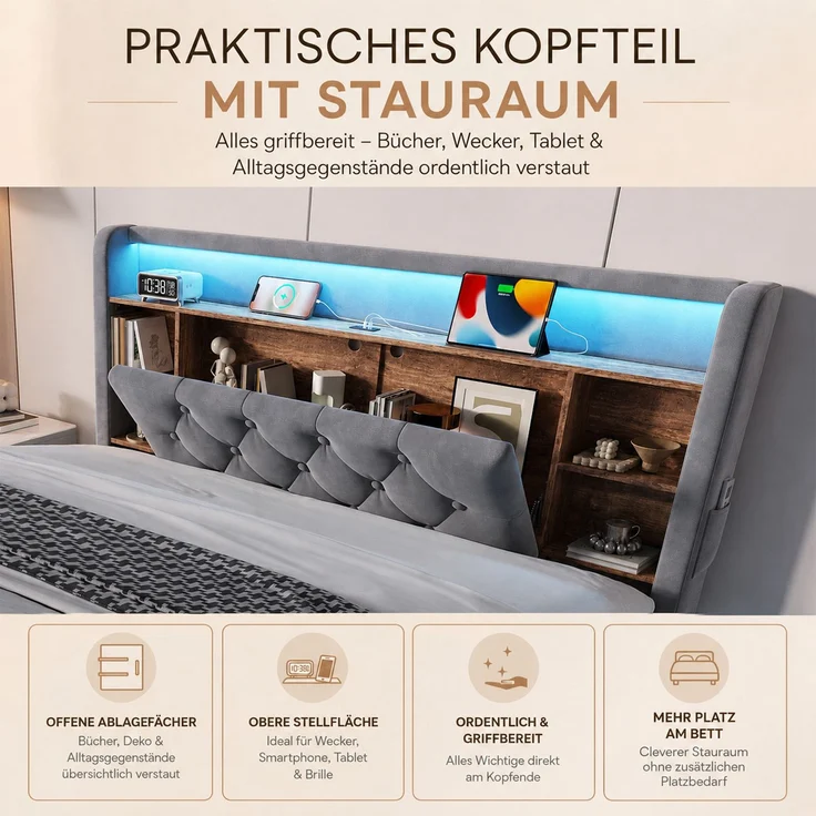 TavilaEcon Boxspringbett Samtbett, Polsterbett mit LED-Beleuchtung & USB-Ladefunktion grau Liegefläche 140 × 200 cm – Bild 6