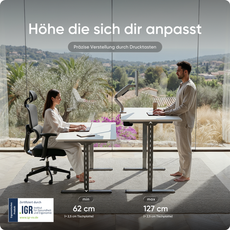 DESKSPACE PRO Plus Elektrisch höhenverstellbarer Schreibtisch, 140x70 cm Stehpult mit Memory-Funktion, Weiße Tischplatte, Graues Gestell – Bild 5
