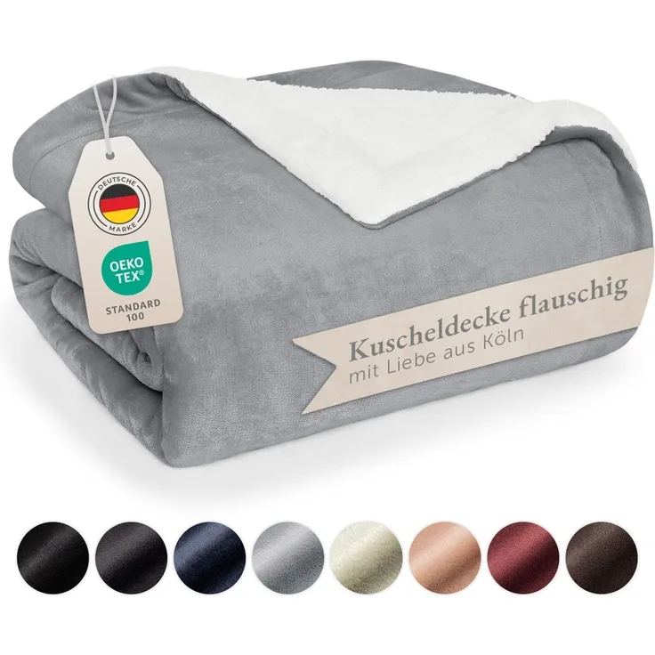 Blumtal Premium Sherpa Kuscheldecke 220x240 cm - warme Decke Oeko-TEX® zertifizierte Dicke Sofadecke, Tagesdecke oder Wohnzimmerdecke, Grau