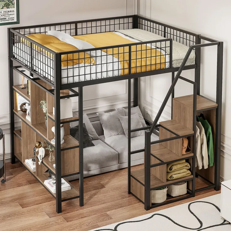 EINHOM Multifunktionales Hochbett 140 x 200 cm, Metallbett mit Stauraum, Ablageflächen und Treppe, Erwachsenenbett und Kinderbett, Schwarz (Ohne Matratze)