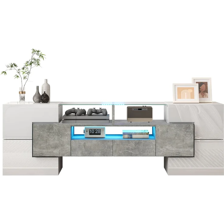 TV-Schrank 145 cm Hochglanzweiß und Beton mit LED-Beleuchtung, 6 Türen, 2 Schubladen, 3 offene Fächer – Bild 10