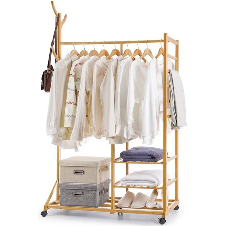 Yorbay Kleiderständer Garderobenständer aus Bambus, (mit Rollen, mit Kleiderstange, 3 Ablagen und 6 Kleiderhaken), Kleiderständer 100 x 38 x 176 cm für Flur, Wohnzimmer, Schlafzimmer – Bild 4