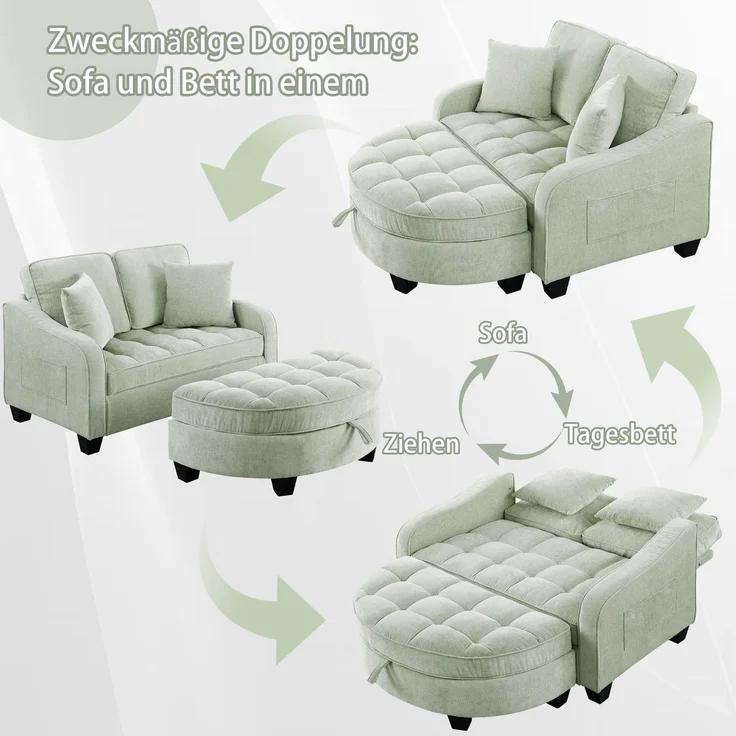Multifunktionales Sofa, 2-in-5 Sofa-Bett mit Aufbewahrungs-Hocker atmungsaktiver Stoff für kleine Räume, Stoff und Eukalyptusholz, Black, – Bild 3