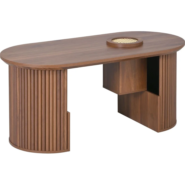Ovaler Couchtisch aus MDF mit Ablagefächern, 105x50x46,5 cm, Walnuss – Bild 7