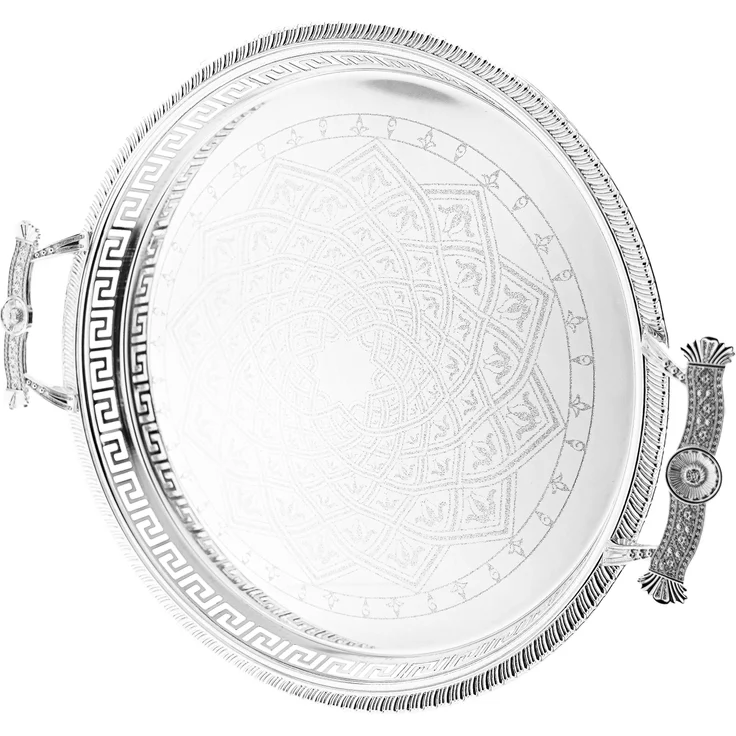 Sunay Serviertabletten in Silber Rund mit Muster mit eleganten Griffen 45x3,5 cm – Bild 2