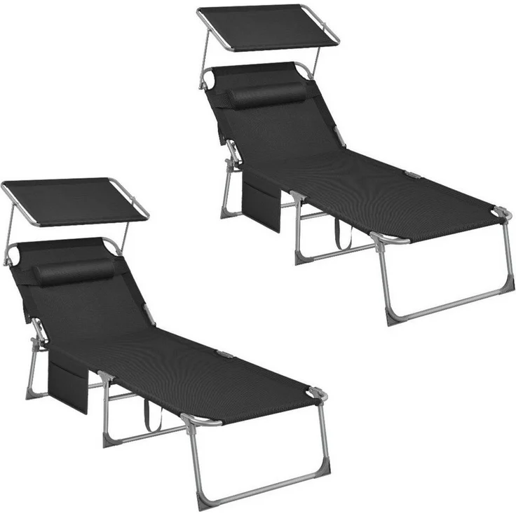 Songmics Gartenliege klappbar, mit Kopfstütze und verstellbarer Rückenlehne, 2x Sonnenliege, mit Seitentasche, Schwarz, 71 x 200 x 38 cm – Bild 1