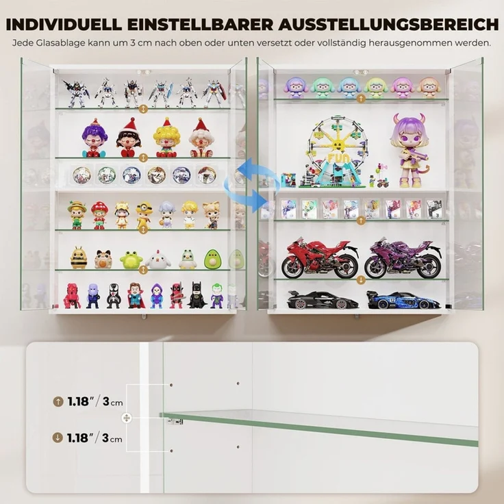 Hängevitrine 60x12x80 cm, Wandvitrine mit 6 verstellbaren Glasböden, LED-Beleuchtung und Sensor, Weiß – Bild 8