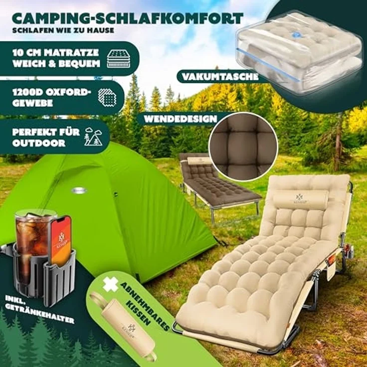 KESSER® Campingbett klappbar mit Tragetasche, Nackenkissen, Vakuumtasche & Getränkehalter, Oxford-Gewebe / Stahl kaffe / creme, 68 x 190 x 30 – Bild 2