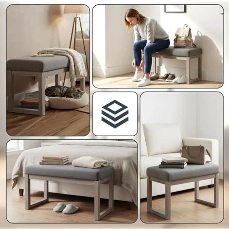 CangLong 70cm Rechteckiger Fußhocker Bequemer Stoff gepolstert Holzbank Sitz für Wohnzimmer, Schlafzimmer & Outdoor, Grau – Bild 7