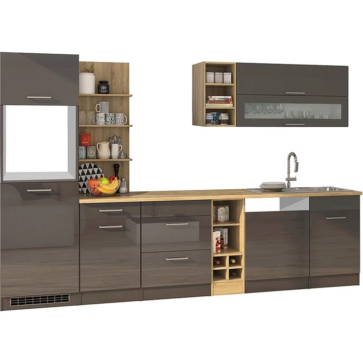 Küchenzeile grau glänzend 310 cm MARANELLO-03 , Anthrazit Hochglanz ohne E-Geräte B x H x T ca. 310 x 200 x 60cm