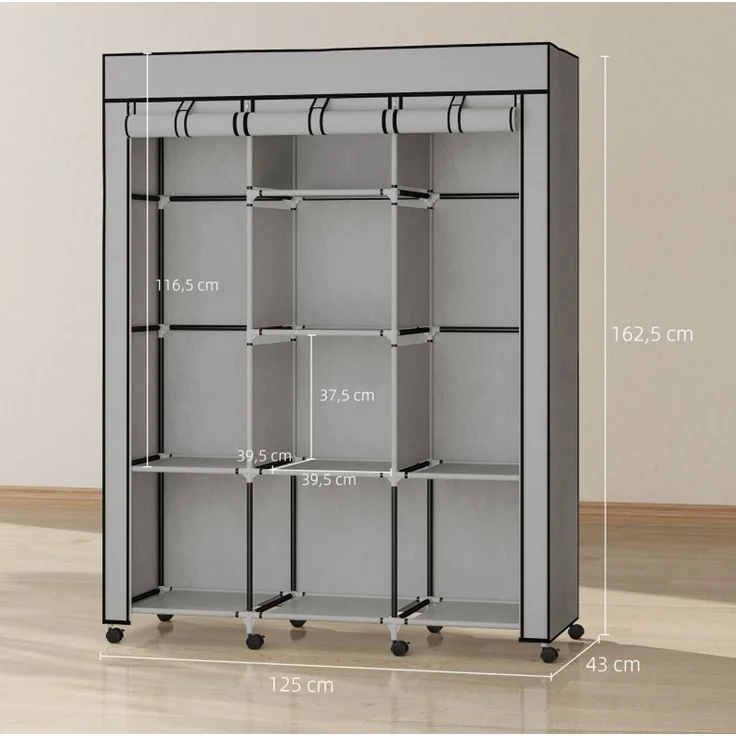 Stoffschrank 125x43x162,5 cm mit 8 Regalen und 2 Kleiderstangen – hellgrauer Faltschrank – Bild 7