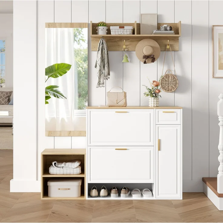 CHICFURN Schrank 139,5x166x35 cm als 4-tlg. Garderoben-Set mit Schuhschrank und Sitzbank Natur+Weiß – Bild 2