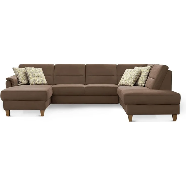 CAVADORE Wohnlandschaft Palera / U-Form Sofa mit Schlaffunktion, Stauraum und Federkern / 314 x 89 x 212 / Mikrofaser, Hellbraun