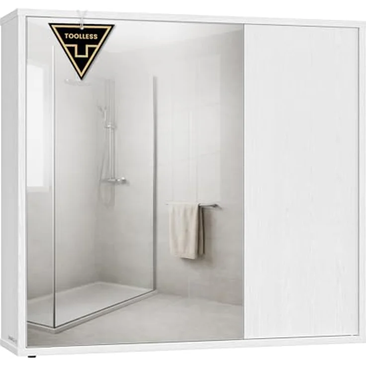 SONGMICS HOME Spiegelschrank, Badezimmerschrank, superschnelle werkzeuglose Montage, Toolless-Technologie, Badspiegel, verstellbare Ablagen, modern, 15 x 60 x 55 cm, schneeweiß BBC114WE01 – Bild 2