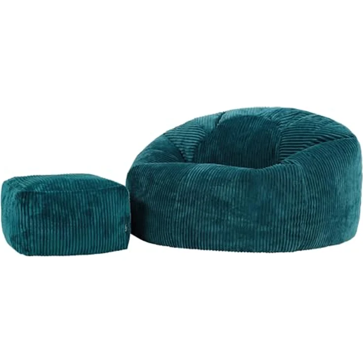 Icon Kingston XXL Sitzsack Cord mit Hocker, Blaugrün, Sitzsack Erwachsene mit Füllung, Bean Bag, Cord Sessel, Lounge Sessel, Lounge Stuhl, Schlafzimmer, Wohnzimmer, Wohnzimmer Möbel – Bild 2