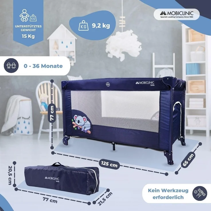 Mobiclinic®, Reisebett, Tragetasche, 2 in 1, Ultrakompakt faltbar, Herausnehmbare matratze, Mofli, Bis zu 15kg, Atmungsaktives gewebe, Seiteneingang mit reißverschluss, Baby laufstall (dunkelblau) – Bild 2