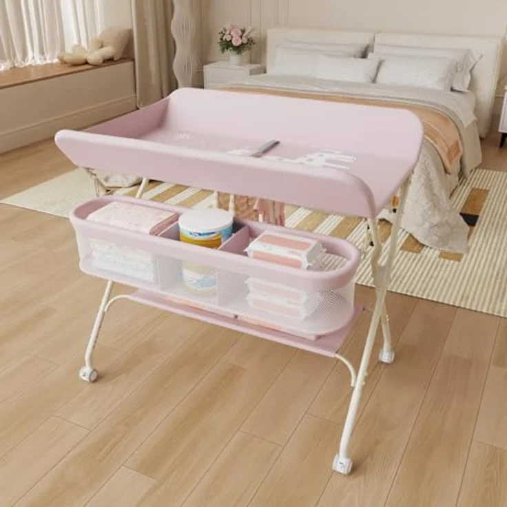 Wickeltisch, zusammenklappbar, mit Aufbewahrungskorb, Struktur aus Eisen, max. Belastung 25 kg, für Neugeborene, ergonomisches Design, Wickeltisch, 75 x 68 x 83–91 cm (A) Rosa – Bild 8