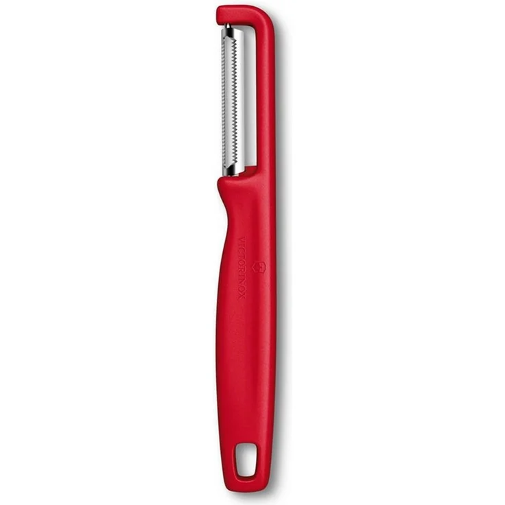 Victorinox Sparschäler "Iota", Schäler für Gemüse, Obst, Zackenschliff, Zweischneidig, Extra Scharf, Swiss Made, rot – Bild 1