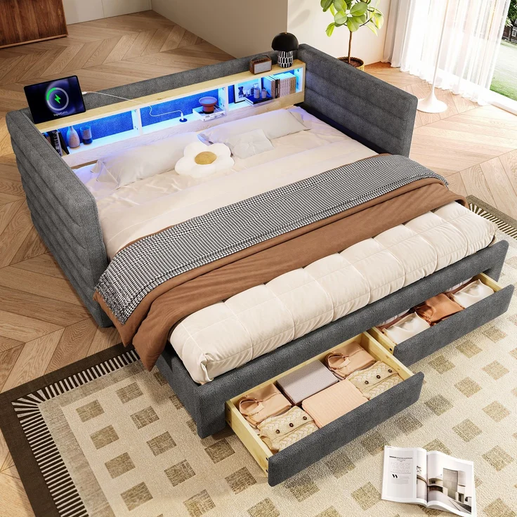 Tagesbett, Daybett, Schlafsofa, 90 × 190 cm, multifunktionales Ausziehbett-Design, USB- + Typ-C-Anschlüsse, mit zwei Schubladen, mehreren Staufächern, LED-Lichtleiste, Ohne Matratze, Samt, Grau – Bild 5