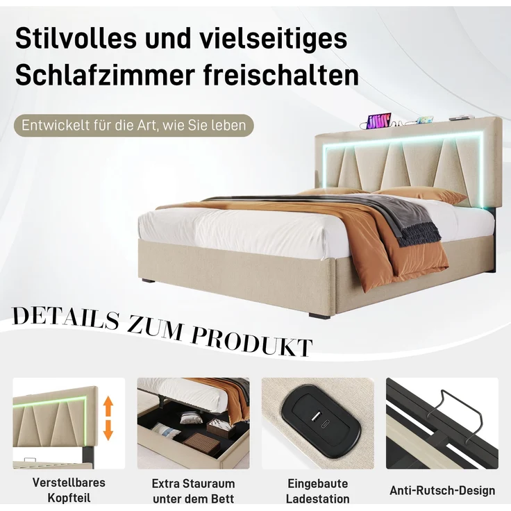 Polsterbett 160x200 cm aus Leinen mit Stauraum, USB- und Type-C-Anschluss und LED-Beleuchtung – Bild 6