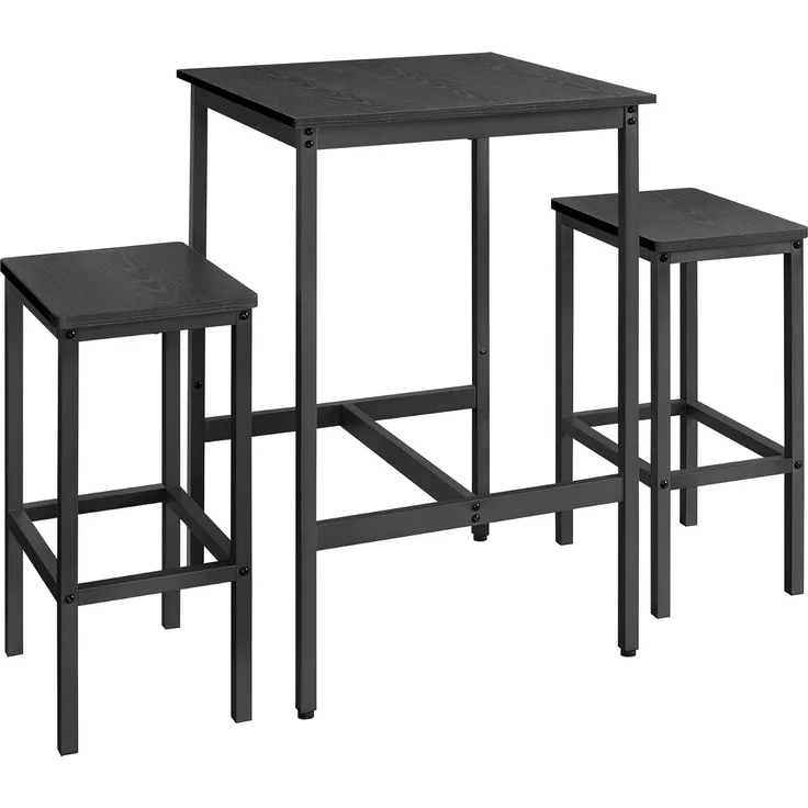 VASAGLE Bartisch mit Barhocker-Set, Esstisch mit 2 Stühlen, Küchentisch klein 60 x 60 x 90 cm, Barstühle je 30 x 40 x 65 cm, für Esszimmer, Küche, Industrie-Design, Ebenholzschwarz-Tintenschwarz – Bild 1