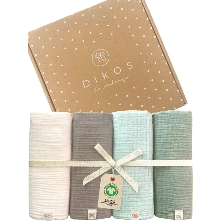 Babydecke Mulltücher 4er-SET gekreppt, Spucktuch 64x64 100% GOTS BIO-Baumwolle, DIKOS, PREMIUM Qualität atmungsaktiv, nachhaltig, plastikfrei, kuschelweich
