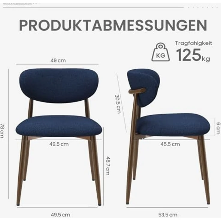COLAMY Moderne Polsterstuhl Essstühle 2er Set, Küchenstuhl Esszimmerstühle mit Fester Rückenlehne, Stoff Esszimmerstühl mit Metallbeinen für Esszimmer, Küche, Restaurant, Blau – Bild 2