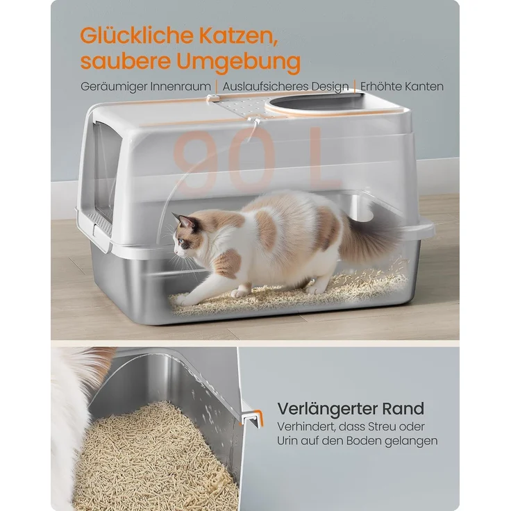 FEANDREA Katzenklo, Katzentoilette, Edelstahl, mit Deckel, Schaufel, Bürste, für Katzen bis 15 kg, grau – Bild 4
